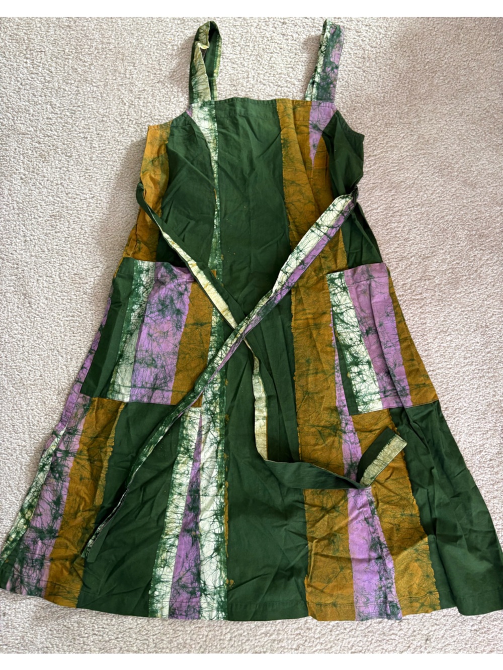 Sleeveless Green Patchwork Maxi Dress with Purple & Mustard Stripes